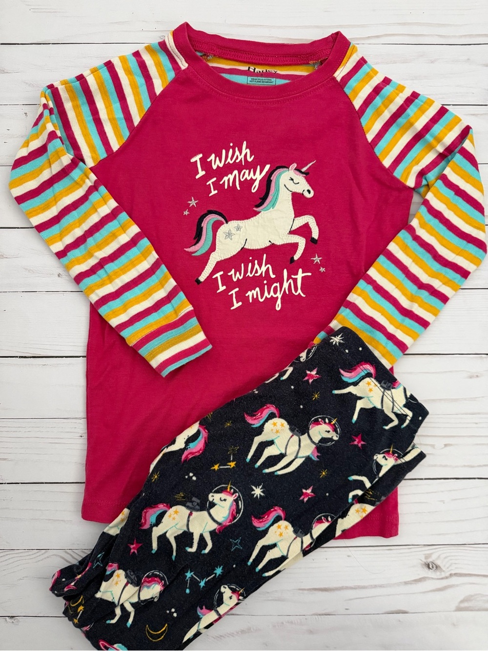 Girls' Magenta Unicorn Pajama Set with Rainbow Stripe Sleeves